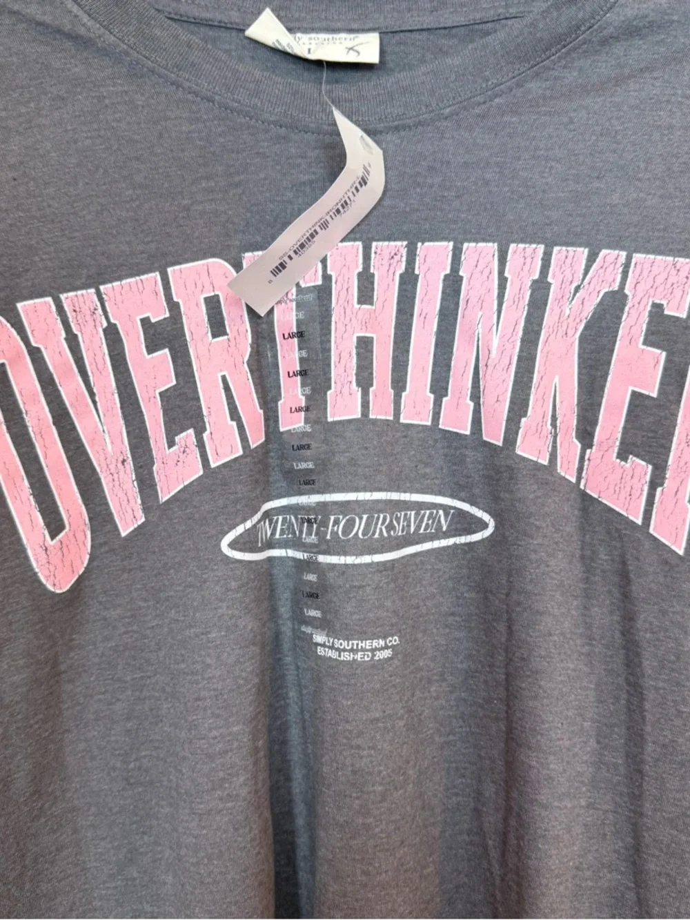 NWT Simply Southern Overthinker Graphic Tee Charcoal Grey Pink Large - Picture 7 of 7